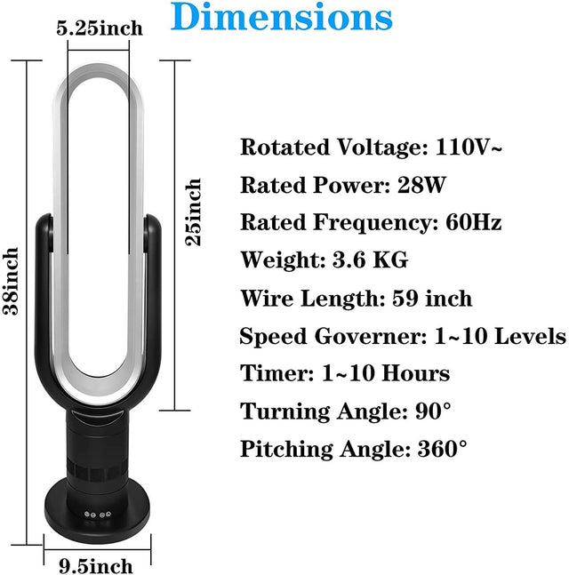 HealSmart Sufficient size bladeless fan, standing fan, towel fan, 10 speeds settings, 10-hour timing closure bladeless fan, stylish and modern fan, low noise, 39 inches, black