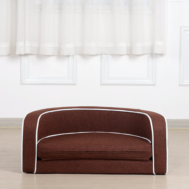 30" Brown Round Pet Sofa, Dog sofa, Dog bed, Cat Bed, Cat Sofa, with Wooden Structure and Linen Goods White Roller Lines on the Edges Curved Appearance pet Sofa with Cushion