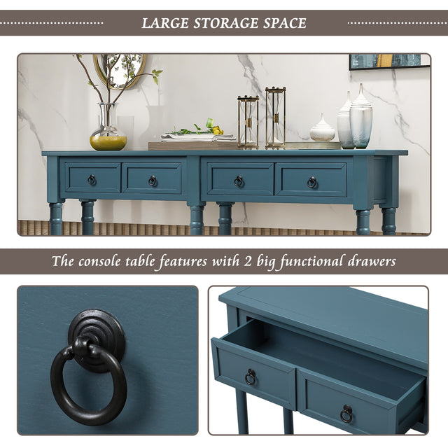 TREXM Console Table Sofa Table with Drawers and Long Shelf Rectangular Living Room Table Solid Wood (Antique Navy)