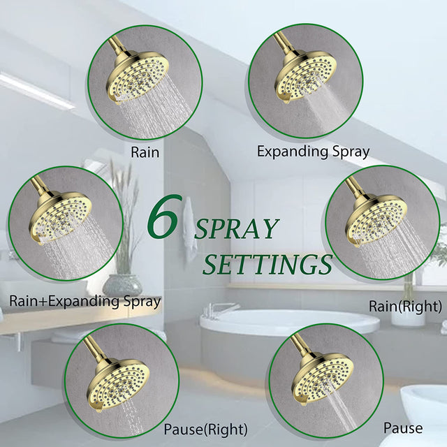6 Spray Settings High Pressure Shower Head 5" Rain Fixed Showerhead - Gold Adjustable Shower Head with Anti-Clogging Nozzles, Low Flow Easily Installation