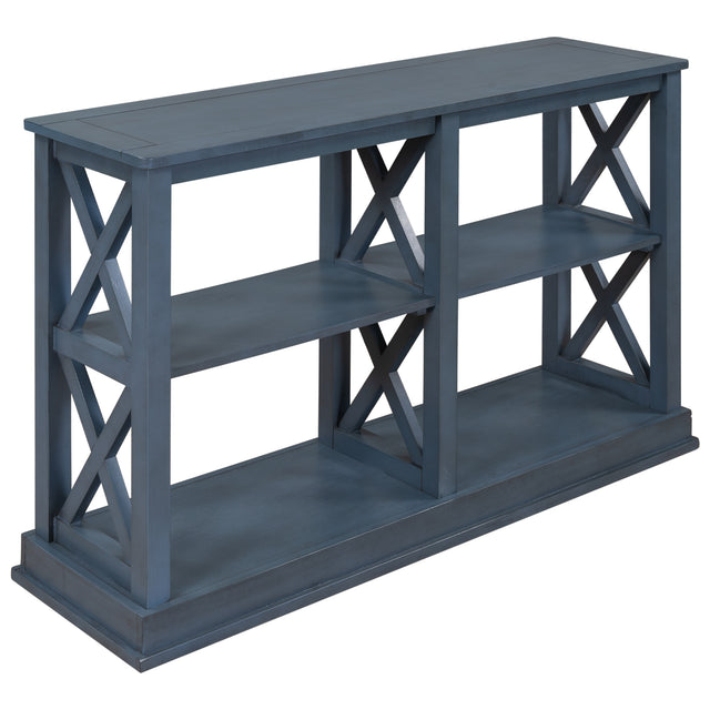 TREXM Console Table with 3-Tier Open Storage Spaces and "X" Legs, Narrow Sofa Entry Table for Living Room, Entryway and Hallway (Navy Blue)