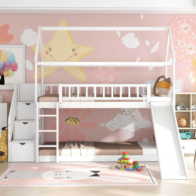 Twin Over Twin Bunk Bed with Drawers and Slide, House Bed with Slide,White(OLD SKU :LT000215AAK)