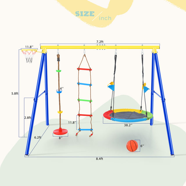 4 in 1 Outdoor Toddler Saucer Swing Set for Backyard, Playground Tree Swing Sets with Steel Frames, Climbing Rope with Disc Tree Swing Playset and Basketball Hoop for Kids
