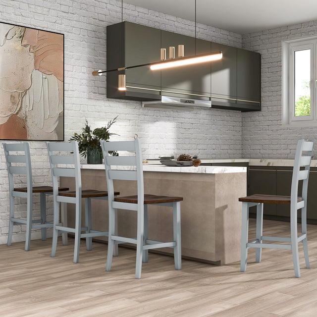 TOPMAX Farmhouse Wood Counter Height 5-Piece Dining Table Set with Drop Leaf, Kitchen Set with Wine Rack and Drawers for Small Places,  Cherry+Gray