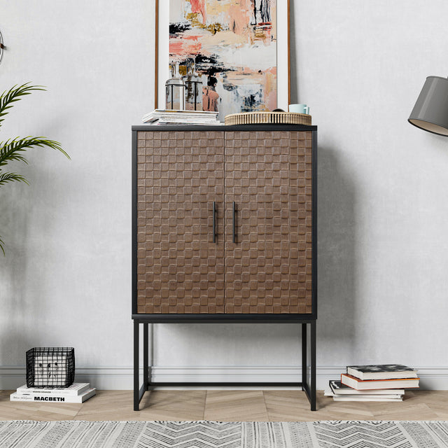 2 door cabinet,Runway-shaped leatherette finish,Embossed texture