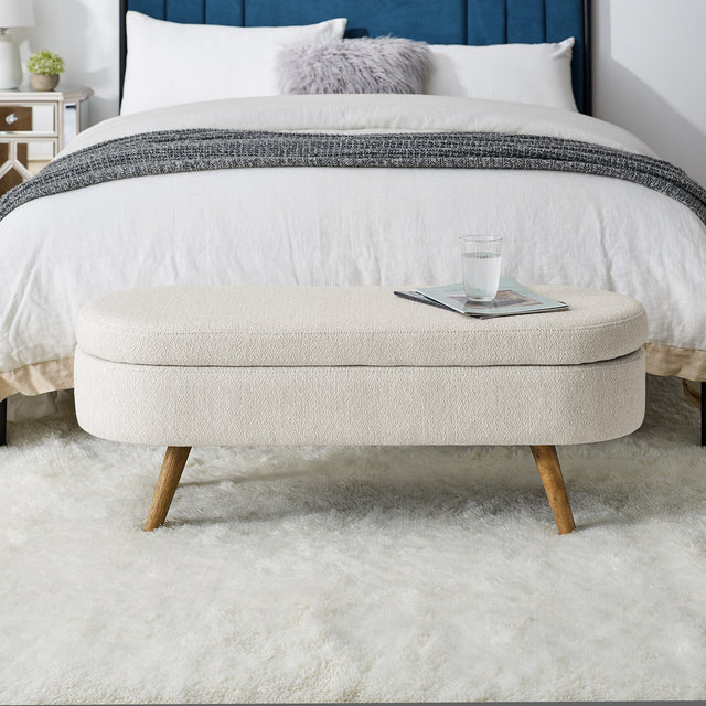 Ottoman Oval Storage Bench, Rubber Wood Legs, Beige（43.5“x16”x16“）