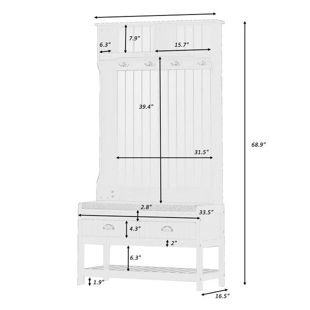 U-Can Hall Tree with 4 Hooks and Hinged Lid, Coat Hanger, Entryway Bench, Storage Bench, 3-in-1 Design, 69INCH, for Entrance, Hallway (Black)