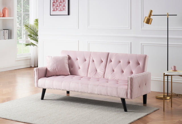 1730 Sofa Bed Armrest with Nail Head Trim with Two Cup Holders 72" Pink Velvet Sofa for Small Spaces