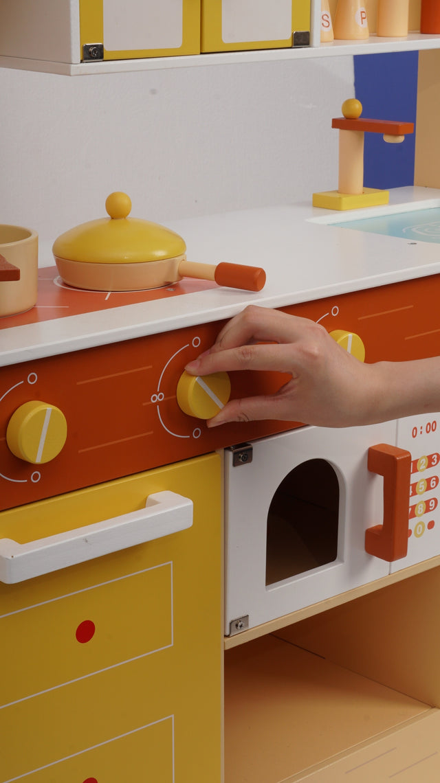 Wooden Pretend Play Kitchen Set for Kids Toddlers, Toys Gifts for Boys and Girls,Yellow