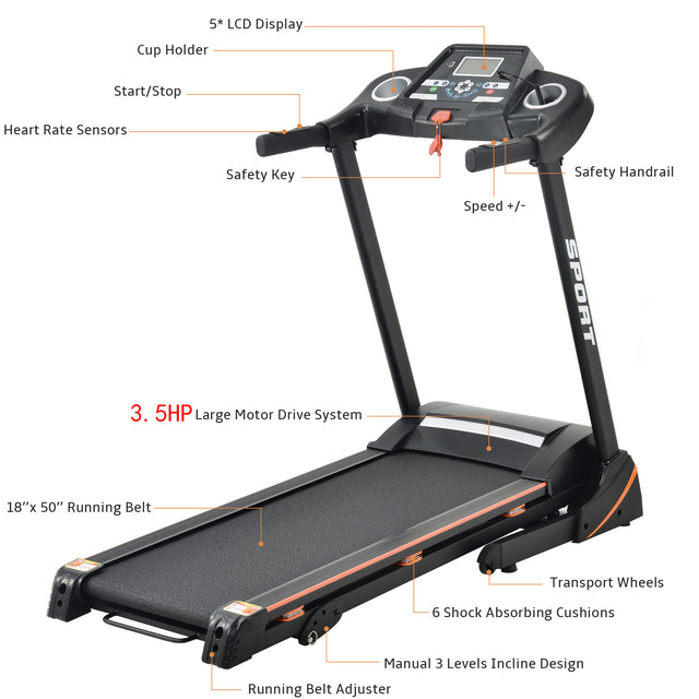 Folding Electric 3.5HP Treadmill With Incline Medium Running Machine Motorised LCD Gym 330lbs； Folding Treadmill Electric Motorized Power 14.8KM/H Running Fitness Machine Gym(W54022178 Upgrade)