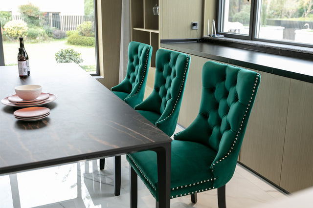 Nikki Collection Modern, High-end Tufted Solid Wood Contemporary Velvet Upholstered Dining Chair with Wood Legs Nailhead Trim 2-Pcs Set，Green, SW2001GN
