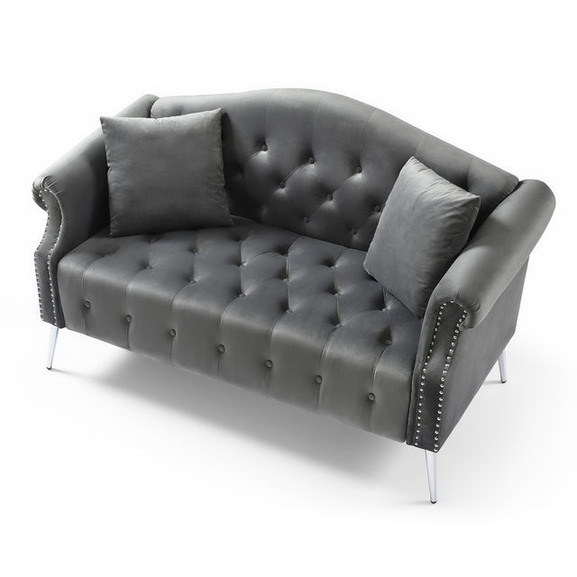 59.4" Width Classic Chesterfield Velvet Loveseat Contemporary Upholstered Button Tufted Nailhead Trimming Curved Backrest Rolled Arms with Silver Metal Legs Living Room Set,2 Pillows Included,Grey