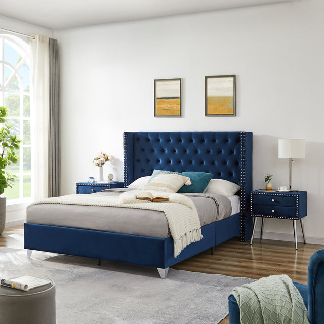 B100S Queen bed with two nightstands, Button designed Headboard,strong wooden slats + metal legs with Electroplate