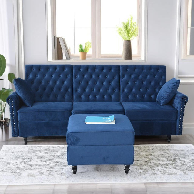 Redde Boo Blue Velvet Soft K/D Sofa And Stool With Storage, High Quality Classic Free Living  Room Sectional Fabirc Sofa
