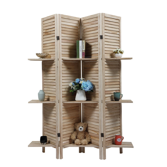 Sycamore wood 4 Panel Screen Folding Louvered Room Divider with shelving board- light burn