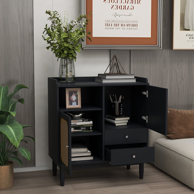 Sideboard Cabinet Display Buffet Storage Cabinet with 2 Woven Cane Doors，2 Drawers and 1 Storage Shelf-black