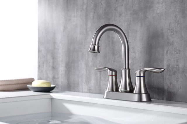 2-Handle 4-Inch Brushed Nickel Bathroom Faucet, Bathroom Vanity Sink Faucets with Pop-up Drain and Supply Hoses
