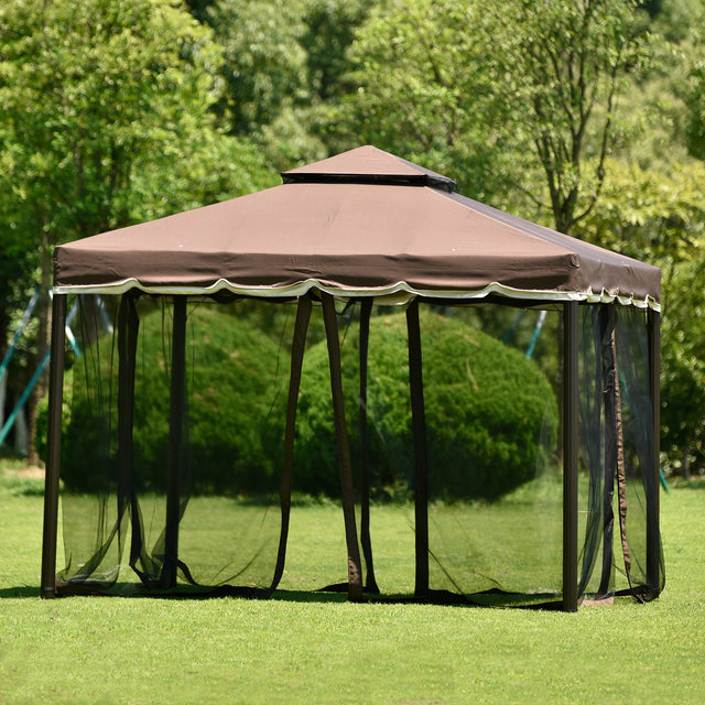 TOPMAX 9.8Ft. Wx9.8Ft.L Outdoor Iron Vented Dome Top Patio Gazebo with Netting for Backyard, Poolside and Deck, Brown