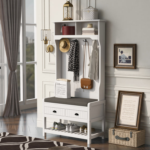 U-Can Hall Tree with 4 Hooks and Hinged Lid, Coat Hanger, Entryway Bench, Storage Bench, 3-in-1 Design, 69INCH, for Entrance, Hallway (White)