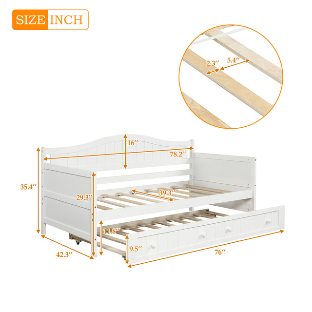 Twin Wooden Daybed with Trundle Bed, Sofa Bed for Bedroom Living Room,White