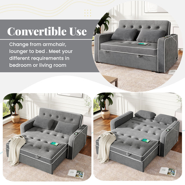 65.7" Linen Upholstered Sleeper , Pull Out Sofa Couch attached two throw pillows,Dual USB Charging Port and Adjustable Backrest for Living Room Space，Charcoal Gray