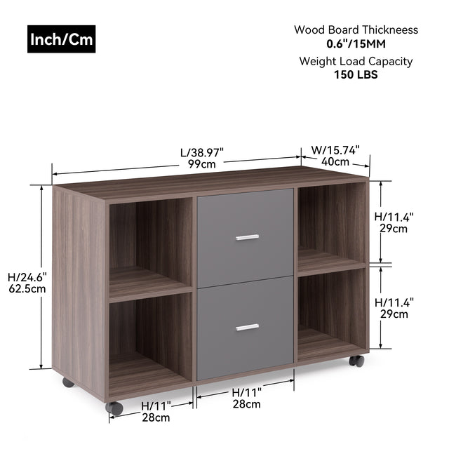 Mobile filing cabinet with 2 drawers and 4 open storage cabinets, Walnut-dark gray