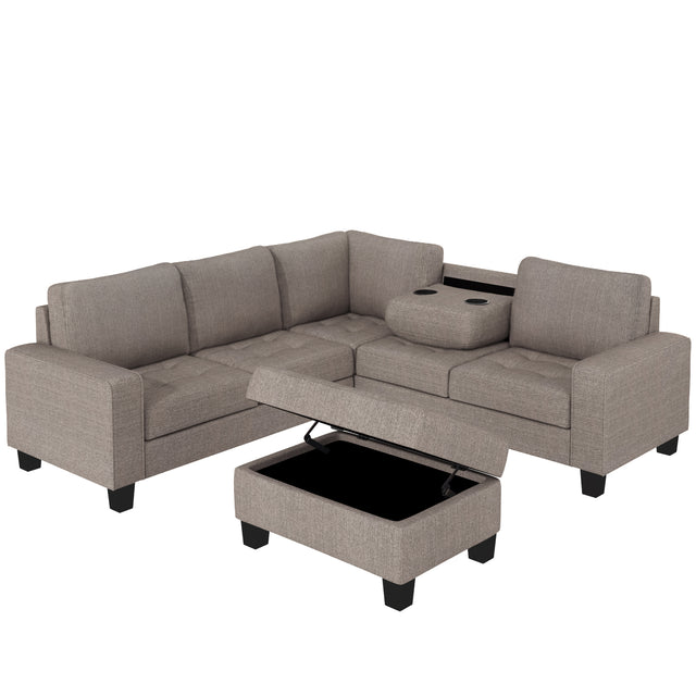 Orisfur. Sectional Corner Sofa L-shape Couch Space Saving with Storage Ottoman & Cup Holders Design for Large Space Dorm Apartment