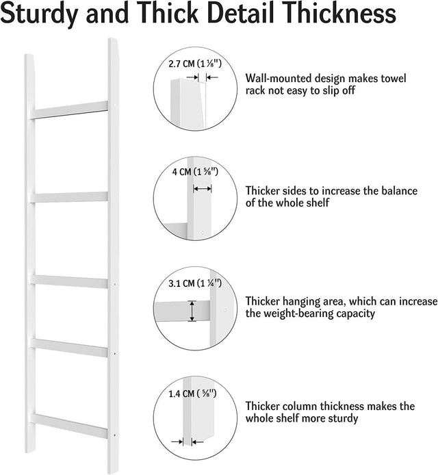 Blanket Ladder, 5-Layer Towel Racks, Blanket Holder with Anti-Slip Construction Home Decor, Decorative Blanket, Quilt, Towel, Scarf Ladder Shelves for Livingroom, Bedroom, Bathroom, White