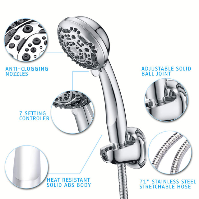 Rain Shower Head - High Pressure Handheld Showerhead & Rain Showerhead Combo with 7 Spray Setting, 2 in 1 Shower Head System Stainless Steel Extra Long Shower Hose，Chrome 1.8 GPM