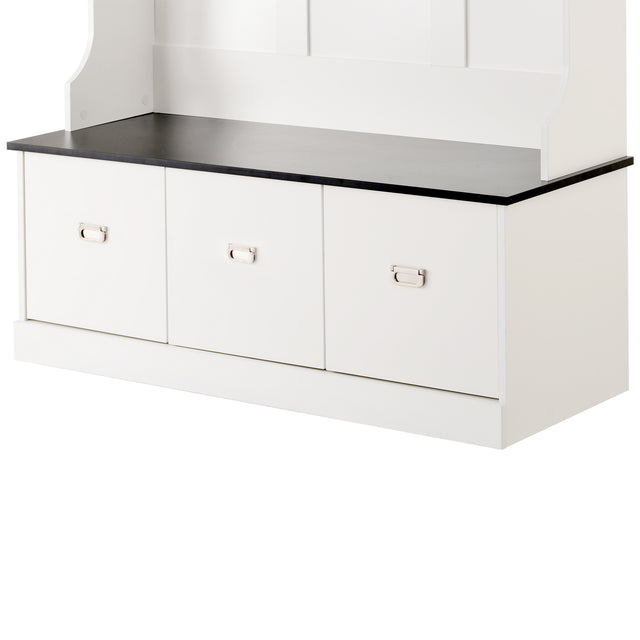 ON-TREND Two-tone Hall Tree with 4 Hooks and 3 Large Drawers, Coat Hanger, Entryway Bench, Storage Bench, 3-in-1 Design, for Entrance, Hallway (White)