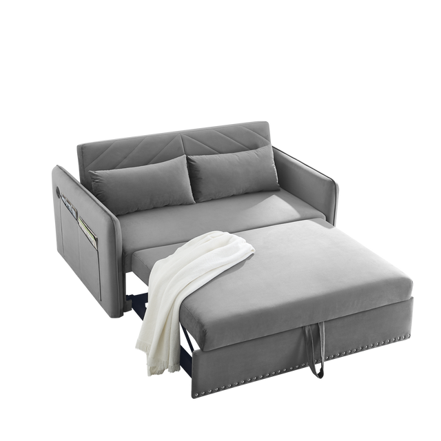 Pull-out sofa sleeper, 3-in-1 adjustable sleeper with pull-out bed, 2 lumbar pillows and side pocket, soft velvet convertible sleeper sofa bed, suitable for living room bedroom.