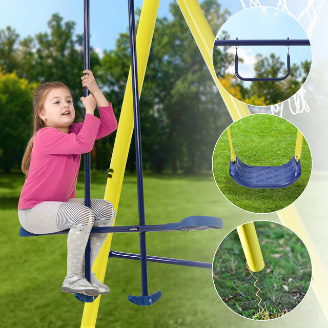 5 in 1 Outdoor Toddler Swing Set for Backyard, Playground Swing Sets with Steel Frame, Swing n' Slide Playset for Kids with Seesaw Swing, Basketball Hoop