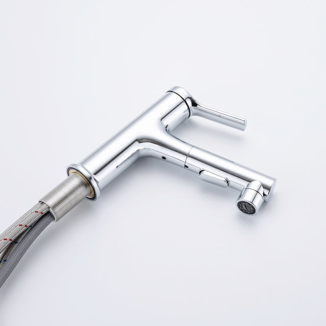 Single Hole Bathroom Faucet with Pull Out Sprayer, Dual Spray Modes, Solid Brass Polished Chrome Bathroom Faucet for Sink, Modern One Handle Bath Vanity Faucet with Face Basin Mixer Tap\\nVisit the YI