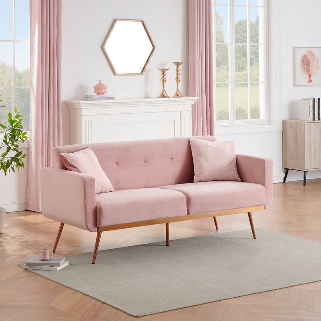 [New+Video]Modern pink velvet sand living room sofa with midfoot and two throw pillows