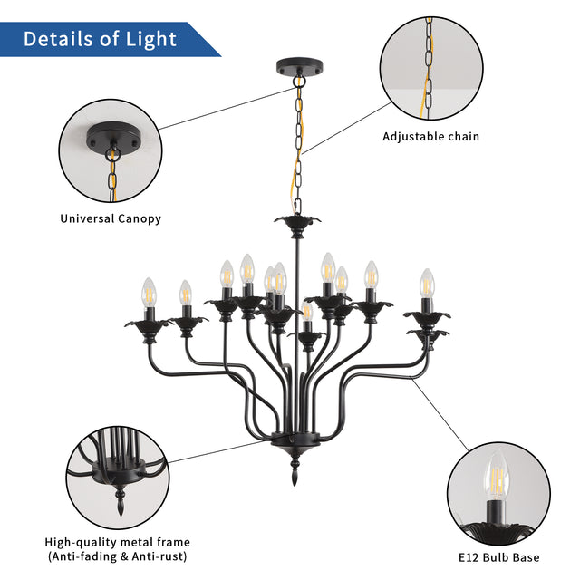 Retro American style stamen-shaped iron chandelier -12 bulbs -E12 lamp holder