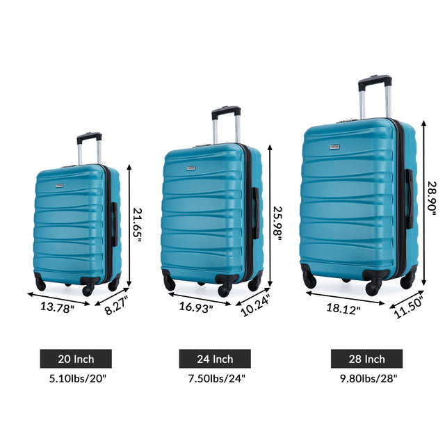 Expandable 3 Piece Luggage Sets ABS Lightweight Suitcase with Two Hooks, Spinner Wheels, TSA Lock, (20/24/28) Cyan