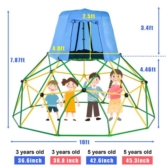 Kids Climbing Dome with Canopy and Playmat - 10 ft Jungle Gym Geometric Playground Dome Climber Play Center, Rust & UV Resistant Steel Supporting 1000 LBS