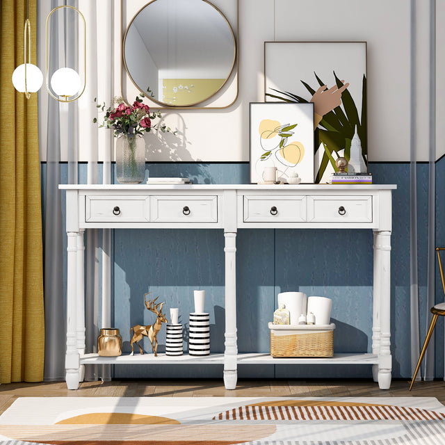 TREXM Console Table Sofa Table with Drawers and Long Shelf Rectangular Living Room Table Solid Wood (Antique White)