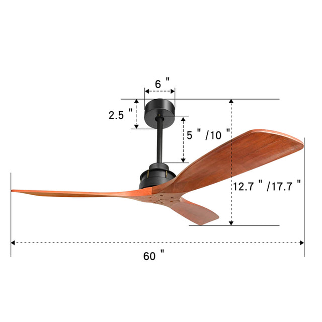 Elegant Ceiling Fan with Remote Control,3 Mahogany Solid Wood Blades,60 Inches Suitable for Indoor and Outdoor
