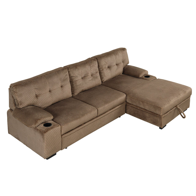95.7" Modern Padded Upholstered  Sofa Bed Sleeper Sectional Sofa with Storage Chaise and Cup Holder for Living Room Furniture Set