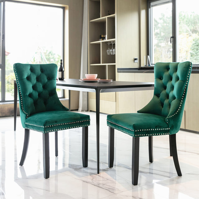 Nikki Collection Modern, High-end Tufted Solid Wood Contemporary Velvet Upholstered Dining Chair with Wood Legs Nailhead Trim 2-Pcs Set，Green, SW2001GN