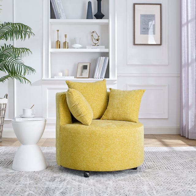 Modern Chenille Upholstered Swivel Backrest Chair for Living Room, with Movable Wheels, Including 3 Pillows, Yellow