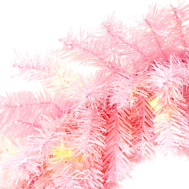 Pre-lit Artificial Christmas 2-Piece Set, Xmas Tree 5FT Pink Christmas Tree with 6 feet Garland X-mas