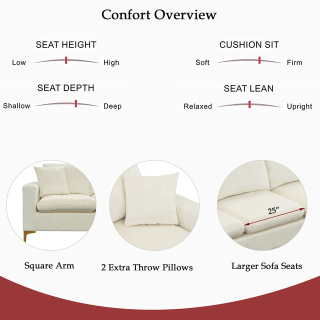 【EAT 3.10】110.6" Sectional Sofa with Ottoman, L-Shape Elegant Velvet Upholstered Couch with 2 Pillows for Living Room Apartment,Cream White