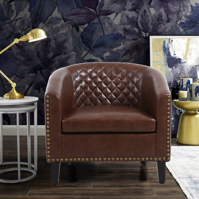 COOLMORE accent Barrel chair living room chair with nailheads and solid wood legs  Brown pu leather