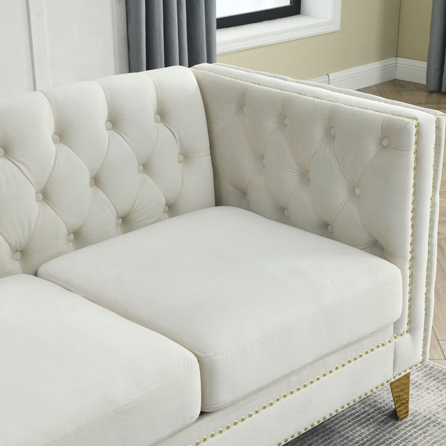 {Contact us for 3D modeling} Velvet Sofa for Living Room,Buttons Tufted Square Arm Couch, Modern Couch Upholstered Button and Metal Legs, Sofa Couch for Bedroom, Beige Velvet