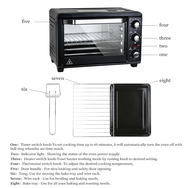 Simple Deluxe Toaster Oven with 20Litres Capacity,Compact Size Countertop Toaster, Easy to Control with Timer-Bake-Broil-Toast Setting, 1200W, Stainless Steel,16x11in,Black,Extra Large