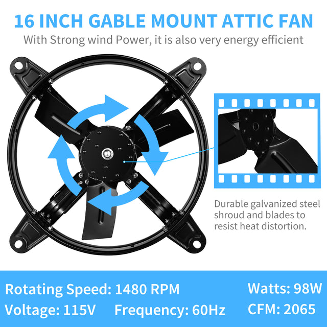 HealSmart 16 Inch Mount Fan Attic Gable Ventilator with Adjustable Temperature Thermostat, 2065 CFM, Black