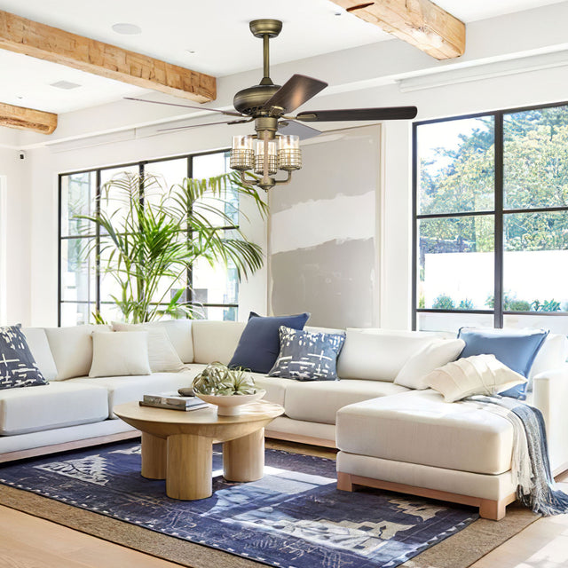 52inch Bronze Metal 3 Lights Ceiling Fan with 5 Wood Blades, Two-color fan blade, AC Motor, Remote Control, Reversible Airflow, Multi-Speed, Adjustable Height, Traditional Ceiling Fan