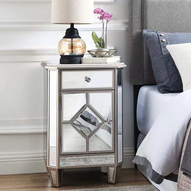Champagne color mirror single pull single door small side cabinet, multi -function bedside cabinet